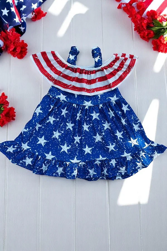 (Custom Design Preorder MOQ 5) Stars Blue Print Girls 4th of July Knee Length Dress