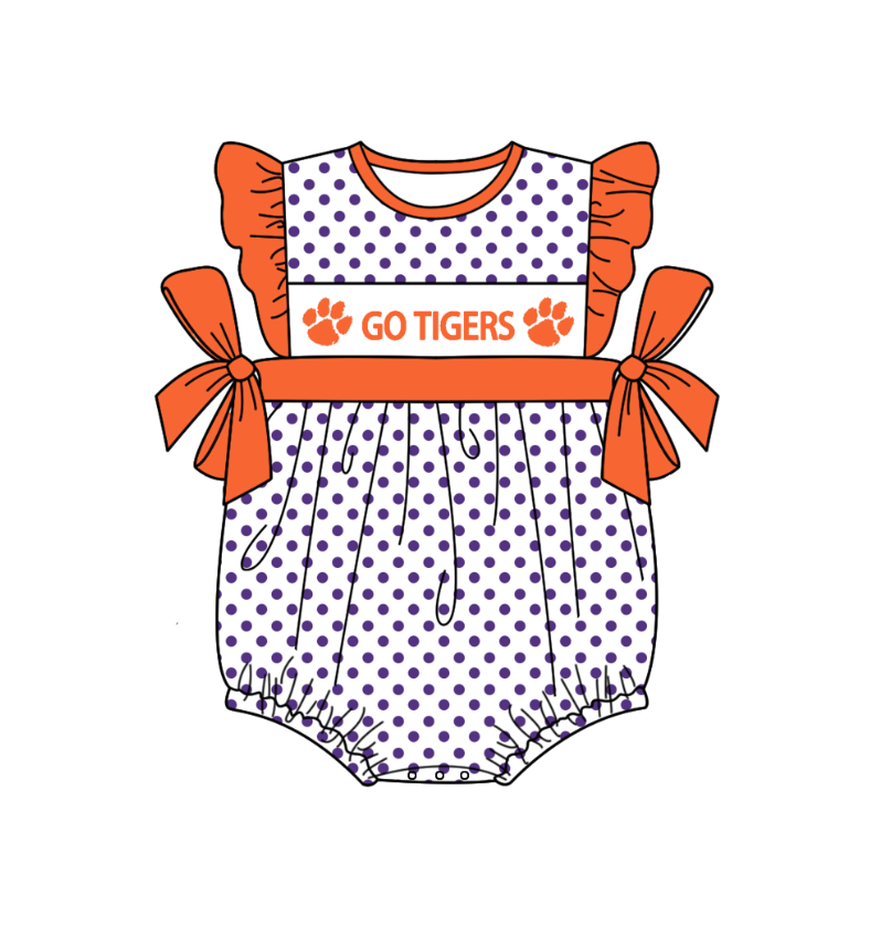 (Custom Design Preorder MOQ 5)  Team's GO TIGERS Print Baby Girls Summer Romper