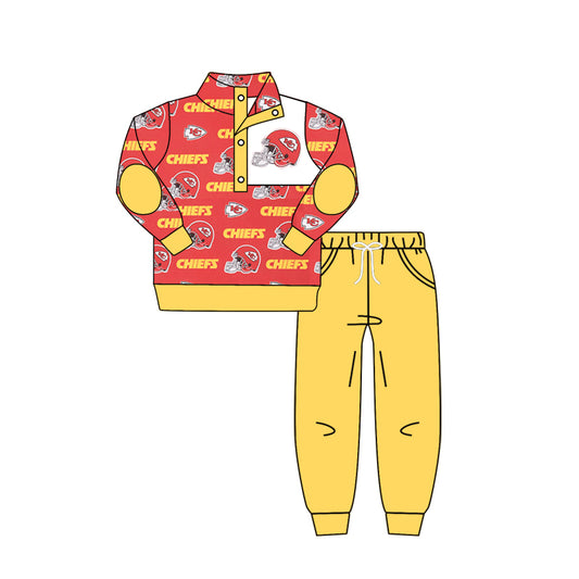 (Custom Design Preorder MOQ 5) Team's KC Yellow Red Top Pants Boys Fall Clothes Set