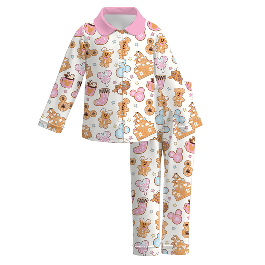 (Custom Design Preorder MOQ 5)  Gingerbread Candy Print Girls Christmas Buttons Pajamas Clothes Set