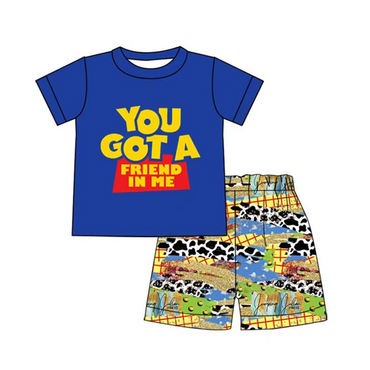 (Custom Design Preorder MOQ 5) You Got A Friend In Me Blue Print Top Cartoon Shorts Boys Summer Clothes Set