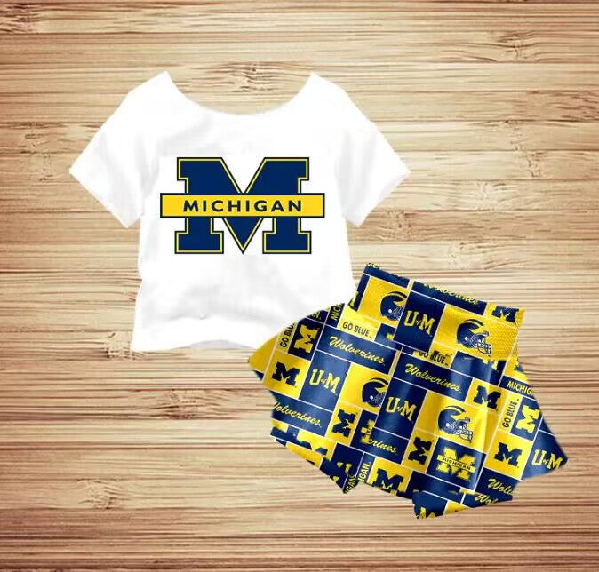 (Custom Design Preorder MOQ 5)  Team's MICHIGAN Print Girls Summer Skirts Clothes Set