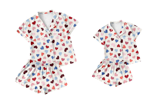 12.5 (Custom Design Preorder MOQ 5 Each Design) Hearts Print Valentine's Day Buttons Pajamas Sets Mom and Me Matching Clothes
