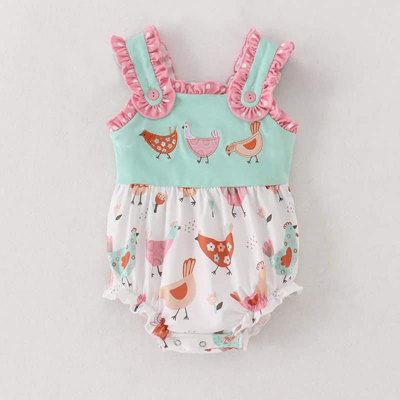 (Custom Design Preorder MOQ 5) Flowers Chicken Print Baby Girls Summer Romper