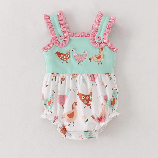 (Custom Design Preorder MOQ 5) Flowers Chicken Print Baby Girls Summer Romper