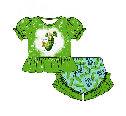 (Custom Design Preorder MOQ 5)  Cucumber Green Shorts Girls Summer Clothes Set