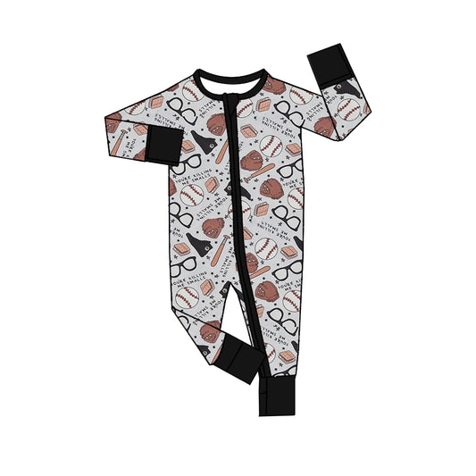 (Custom Design Preorder MOQ 5) Baseball Print Baby Boys Fall Bamboo Sleeper Zipper Romper