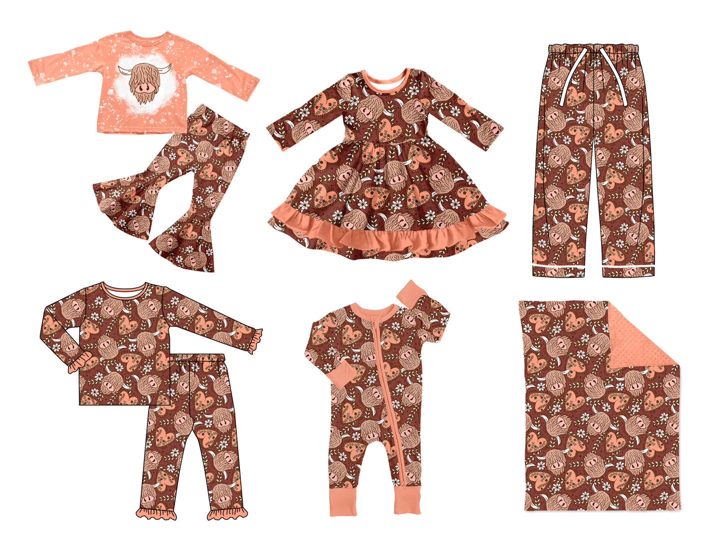 11.20(Custom Design Preorder MOQ 5 Each Design) Highland Cow Flowers Heart Print Family Valentine's Day Western Matching Clothes