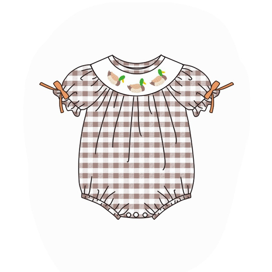 (Custom Design MOQ 5) Duck Plaid Print Baby Girls Romper