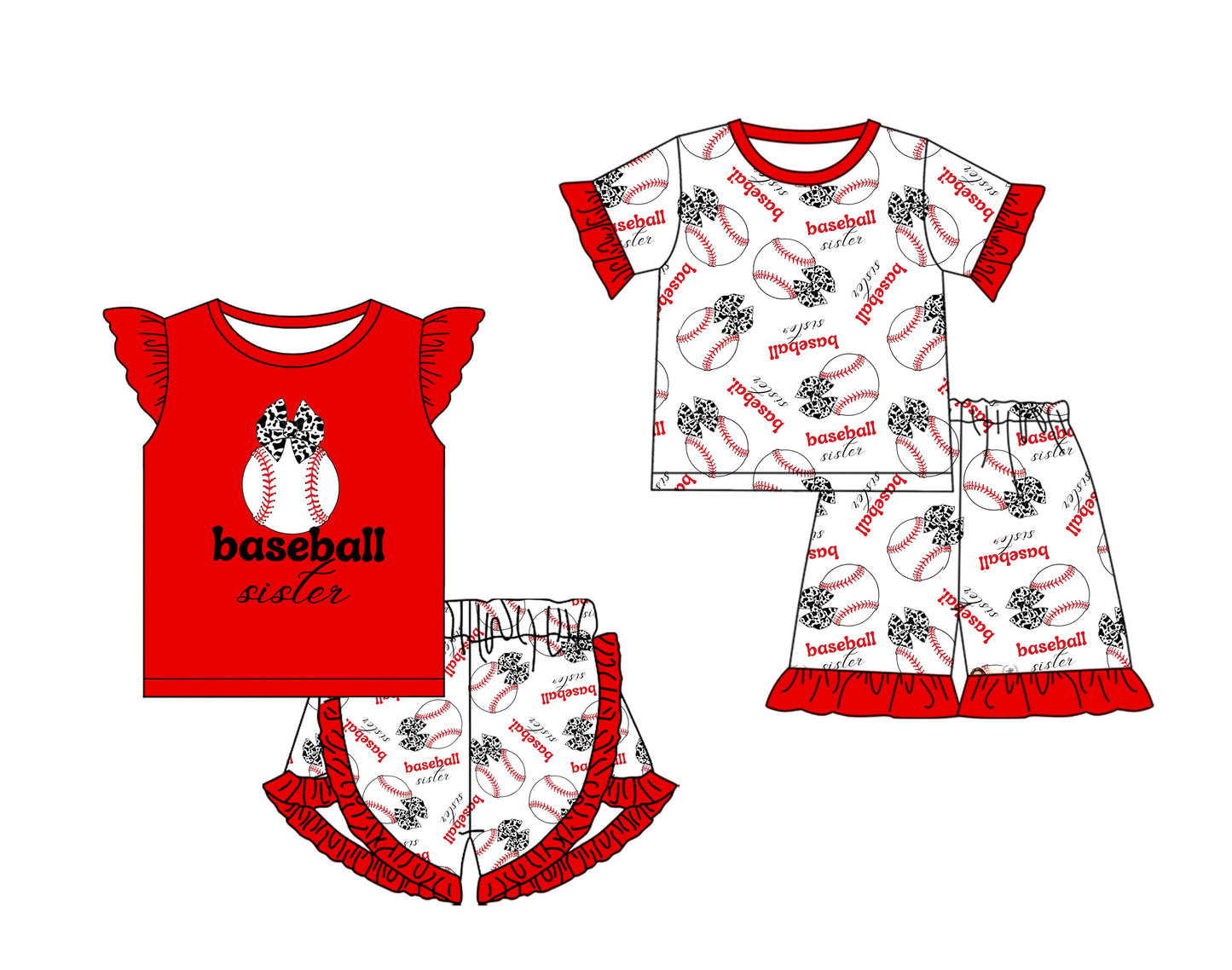 12.11(Custom Design Preorder MOQ 5 Each Design) Baseball Bows Print Girls Summer Matching Clothes Sisters Wear