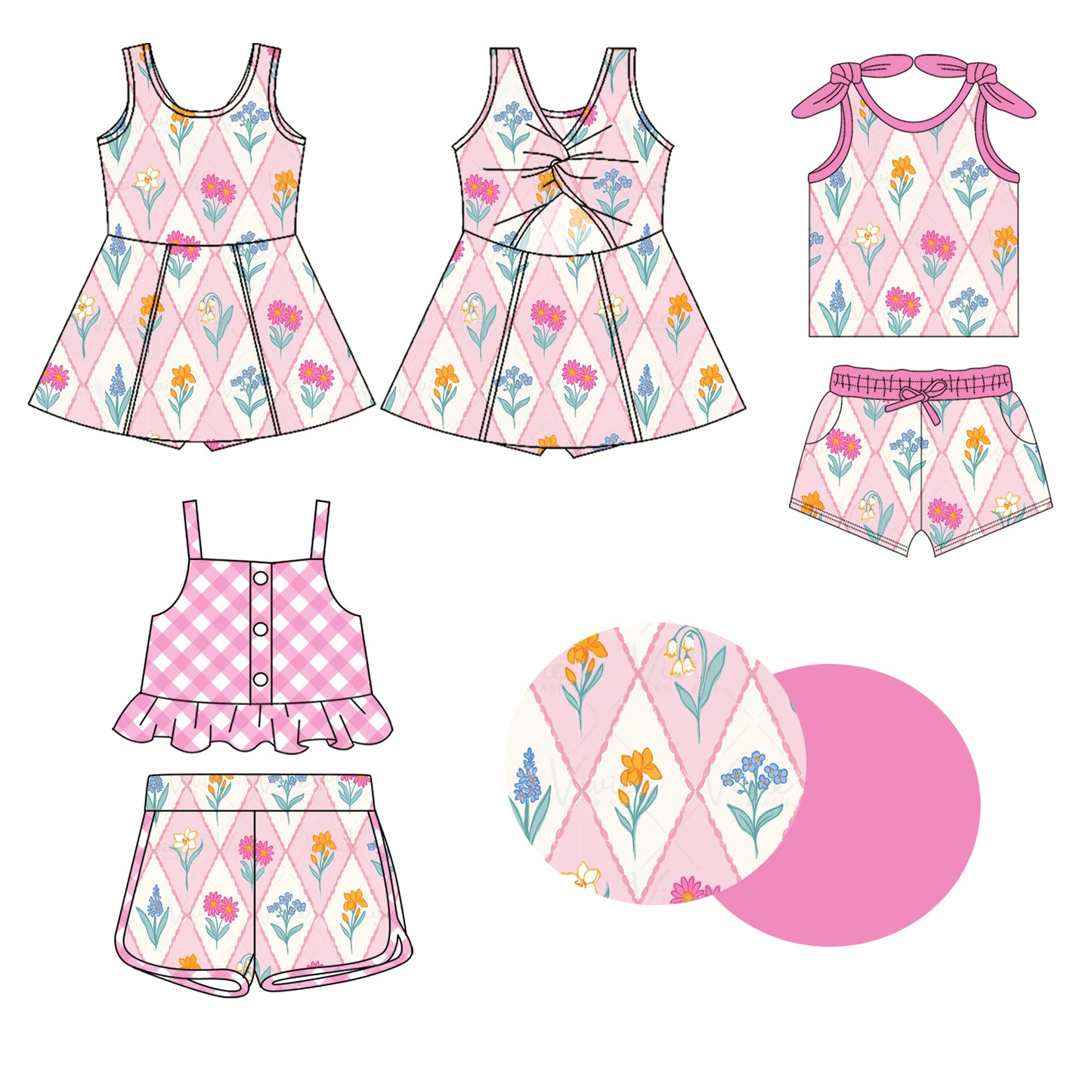 2.7(Custom Design Preorder MOQ 5 Each Design) Colorful Flowers Pink Plaid Print Girls Summer Matching Clothes Sisters Wear