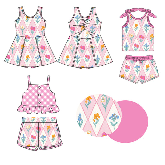 2.7(Custom Design Preorder MOQ 5 Each Design) Colorful Flowers Pink Plaid Print Girls Summer Matching Clothes Sisters Wear