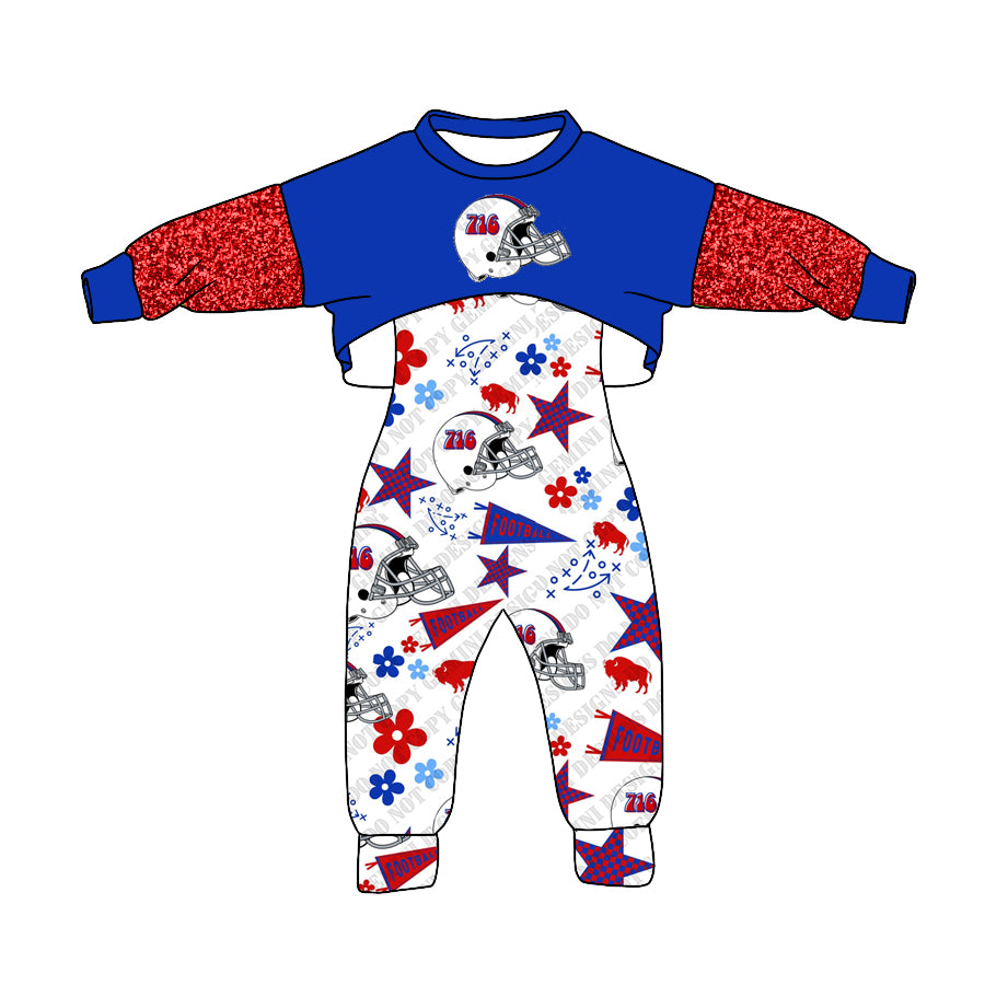 (Custom Design Preorder MOQ 5) Blue Red 716 Top Team's BUFFALO Jumpsuits Girls Fall Clothes Set