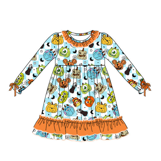 (Custom Design Preorder MOQ 5) Cartoon Figure Pumpkin Print Girls Knee Length Halloween Dress