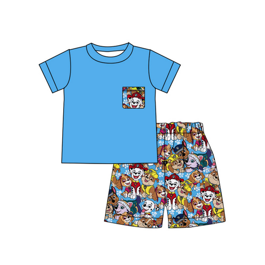 (Custom Design Preorder MOQ 5)  Blue Pocket Top Cartoon Dog Shorts Boys Summer Clothes Set