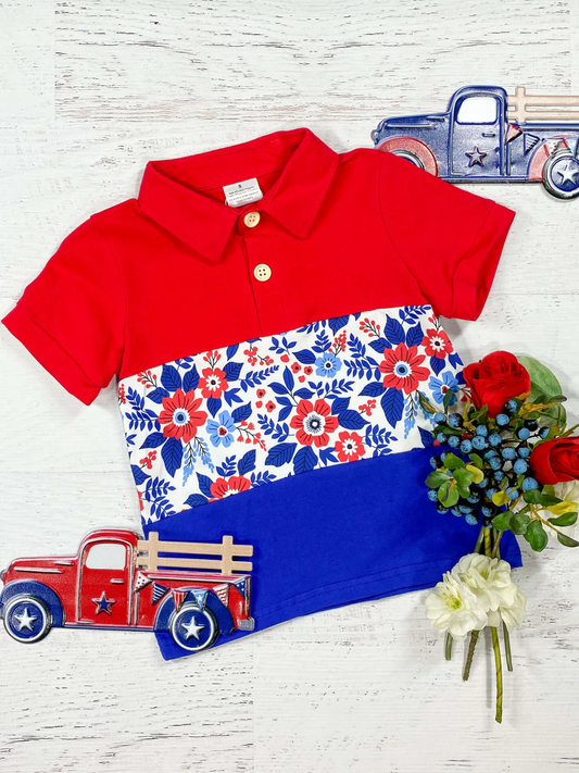 (Custom Design Preorder MOQ 5) USA Flowers Blue Print Boys 4th of July Polo Tee Shirts Top