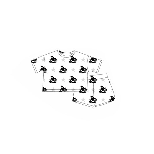 (Custom Design Preorder MOQ 20) Motorcycle Stars Print Boys Bamboo Summer Clothes Set