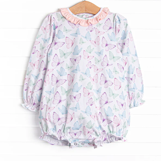 (Custom Design Preorder MOQ 5) Butterfly Print Baby Girls Bubble Romper