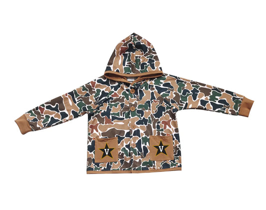 (Custom Design Preorder MOQ 5 Each Item) Team's Vanderbilt Brown Camo Print Pockets Buttons Kids Fall Hoodie Jackets Top Mom and Me Matching Clothes