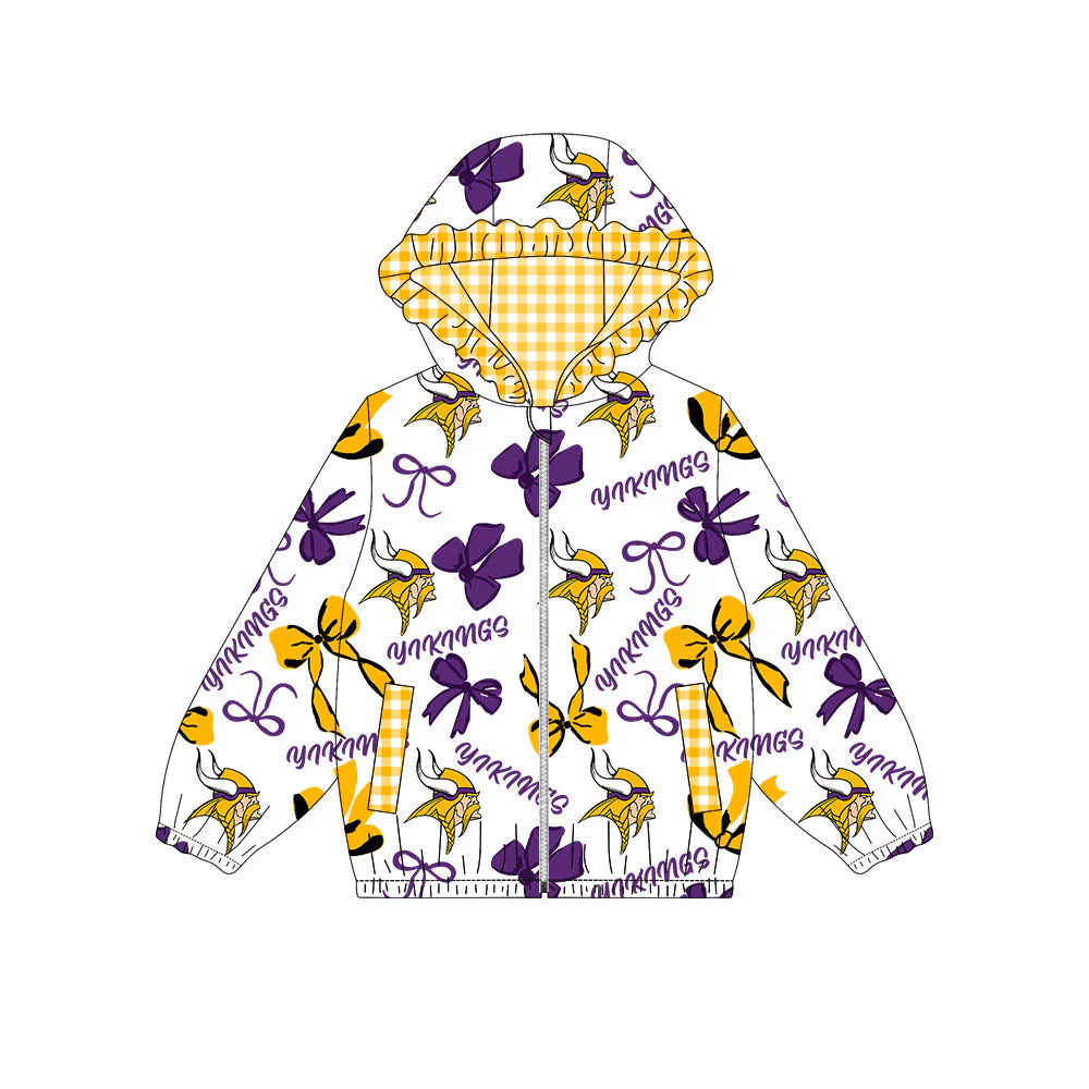 (Custom Design Preorder MOQ 5) Vikings Bows Print Pockets Girls Long Sleeve Zipper Jackets Top