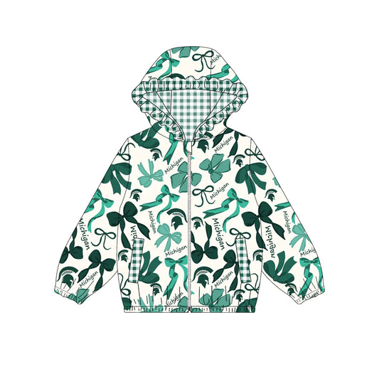 (Custom Design Preorder MOQ 5) Team's MICHIGAN Bows Print Pockets Girls Long Sleeve Zipper Jackets Top