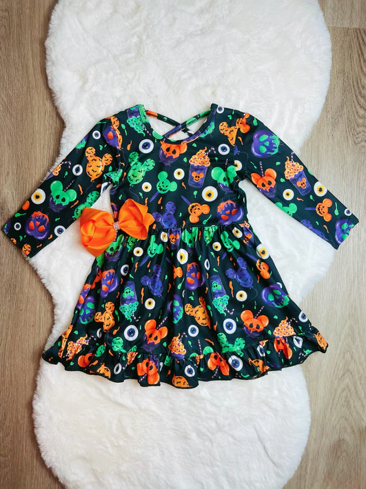 (Custom Design Preorder MOQ 5) Cartoon Mouse Candy Print Girls Knee Length Halloween Dress