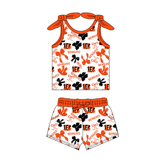 (Split Order Preorder) Deadline Aug 24 Team's Bengals Bows Print Shorts Girls Summer Clothes Set