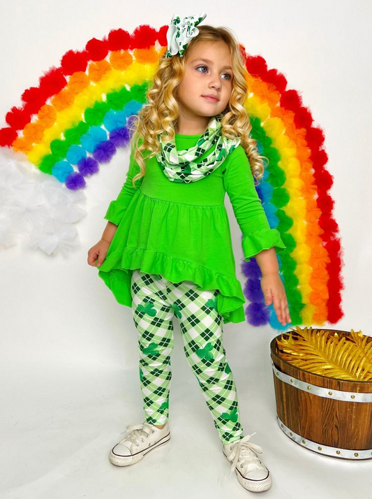 (Custom Design MOQ 5)  Girls Green St. Patrick's Hi-low Outfits 3 Pieces Clothes set