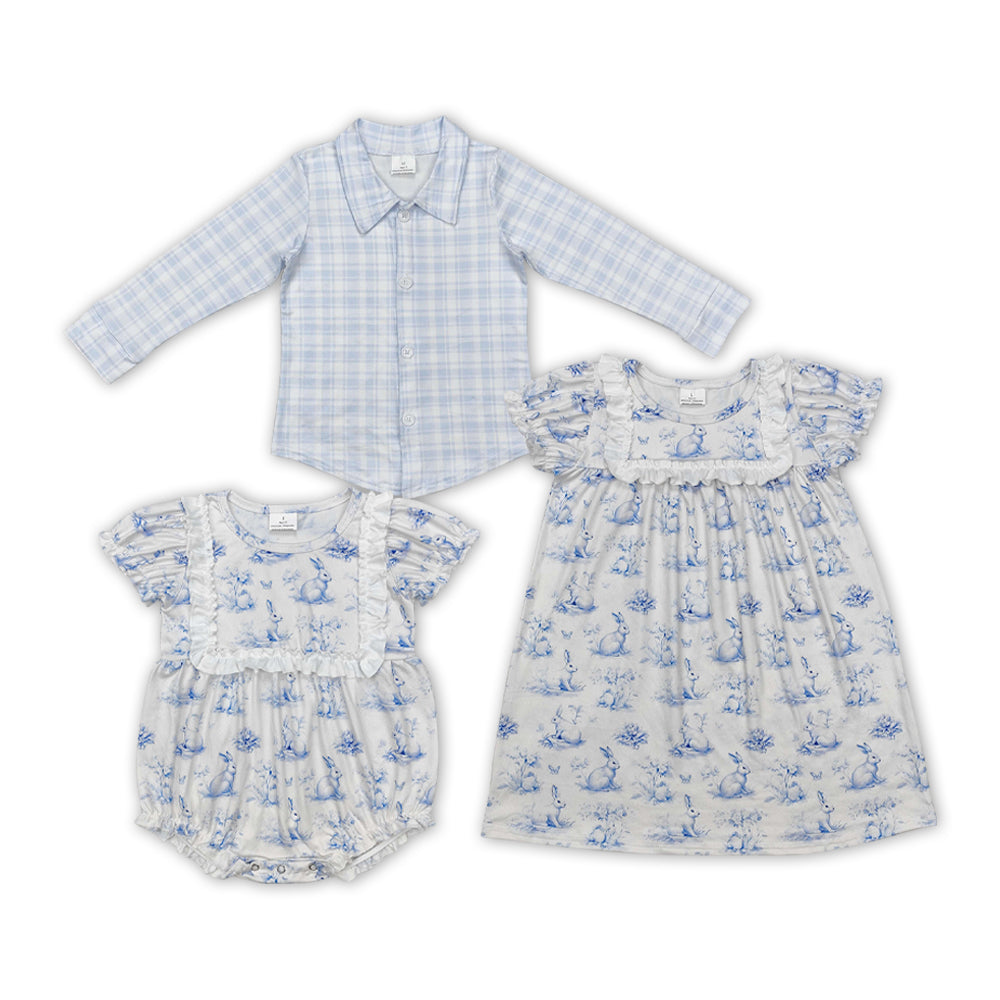 Bunny Blue Flowers Plaid Print Sibling Easter Matching Clothes