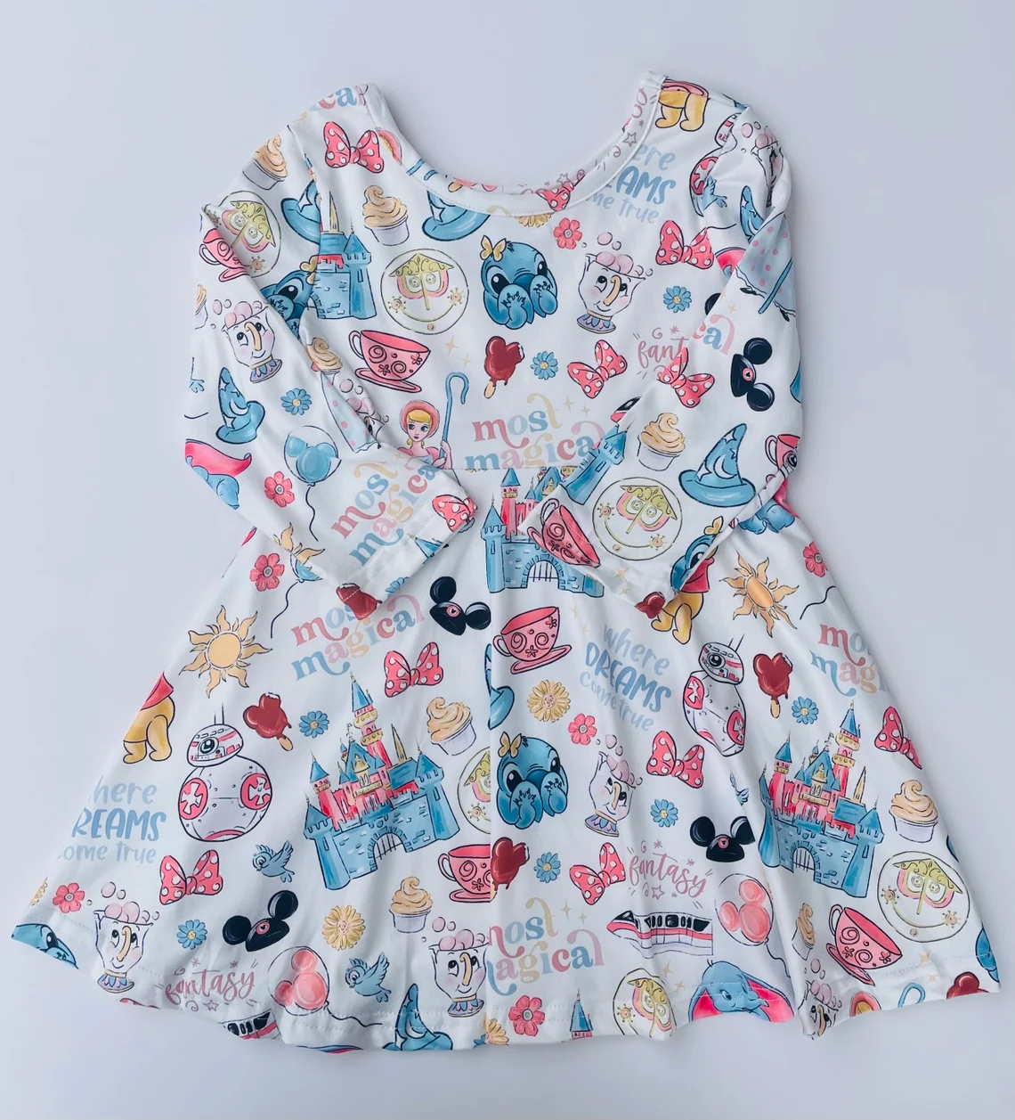 (Custom Design Preorder MOQ 5)  Cartoon Magic Print Girls Knee Length Dress