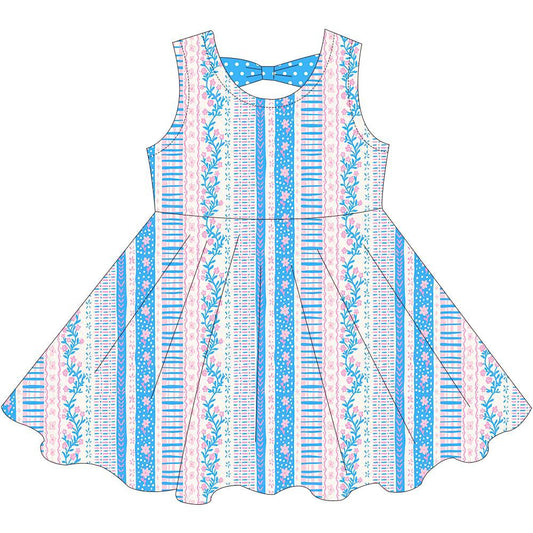 (Custom Design Preorder MOQ 5) Small Flowers Print Girls Summer Knee Length Dress