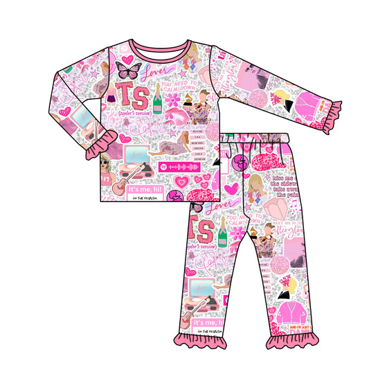 (Custom Design Preorder MOQ 5) Pink Singer Print Girls Pajamas Clothes Set