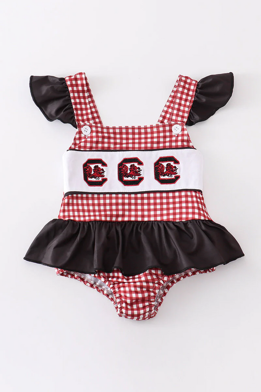 (Custom Design Preorder MOQ 5) Team's South Carolina Gamecock Print Baby Girls Summer Romper