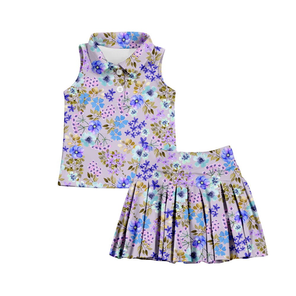 (Custom Design Preorder MOQ 5) Pueple Flowers Print Shorts Skirts Girls Summer Athletic Clothes Set