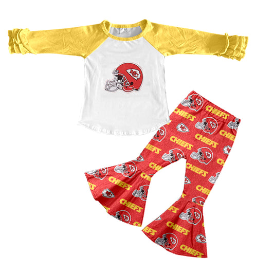 (Custom Design Preorder MOQ 5) Team's KC Yellow Red Print Raglan Sleeves Top Bell Pants Girls Fall Clothes Set