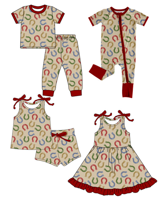 12.22 (Custom Design Preorder MOQ 5 Each Design) Colorful Horseshoe Print Girls Summer Western Matching Clothes Sisters Wear