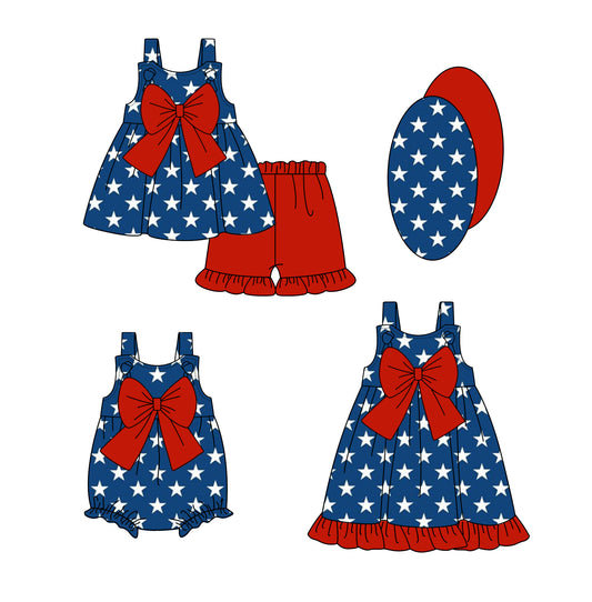 1.4(Custom Design Preorder MOQ 5 Each Design) Stars Print Girls 4th of July Matching Clothes Sisters Wear