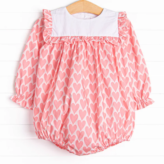 (Custom Design Preorder MOQ 5) Pink Heart Print Baby Girls Valentine's Day Romper