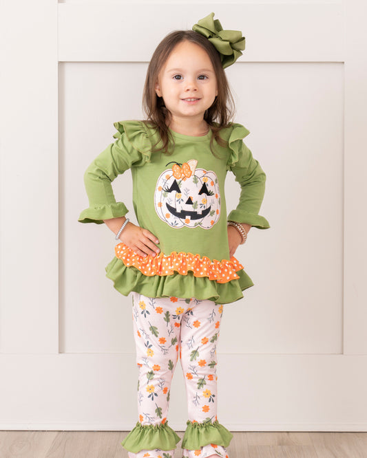 (Custom Design Preorder MOQ 5) Pumpkin Tunic Top Ruffle Pants Girls Halloween Clothes Set