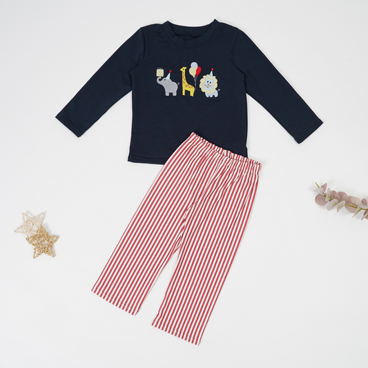 (Custom Design Preorder MOQ 5) Animals Navy Top Stripes Pants Boys Fall Clothes Set