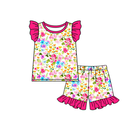 (Custom Design Preorder MOQ 5) Colorful Flowers Print Top Ruffle Shorts Girls Summer Clothes Set