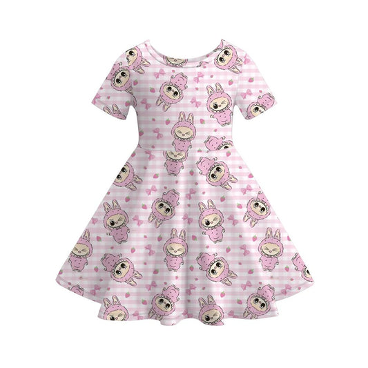 (Custom Design Preorder MOQ 5) Cartoon LABU* Strawberry Print Girls Summer Knee Length Dress