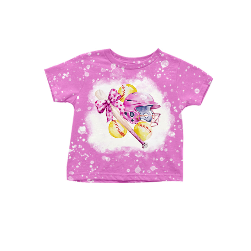 11.30(Custom Design Preorder MOQ 5 ) Softball Bows Hotpink Print Girls Summer Tee Shirts Top