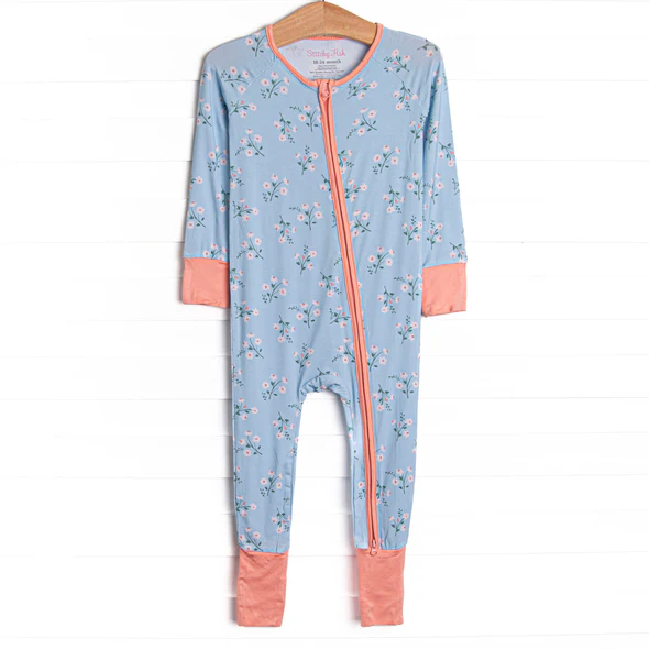 (Custom Design Preorder MOQ 5) Small Flowers Blue Print Baby Girls Zipper Sleeper Romper
