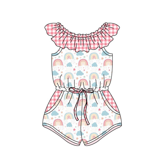 (Custom Design Preorder MOQ 5) Rainbow Stars Print Pockets Girls Summer Jumpsuits