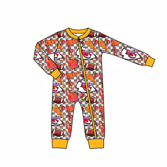 (Custom Design Preorder MOQ 5)  Team's KC Yellow Print Baby Boys Fall Sleeper Zipper Romper