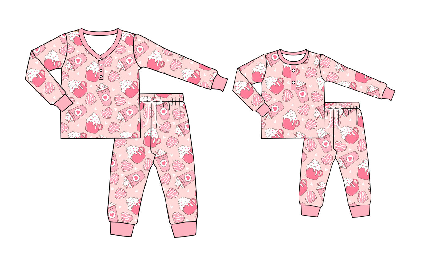 (Pre-order)GLP2284 Adult Coffee Cake Heart Print Woman Valentine's Day Pajamas Clothes Set