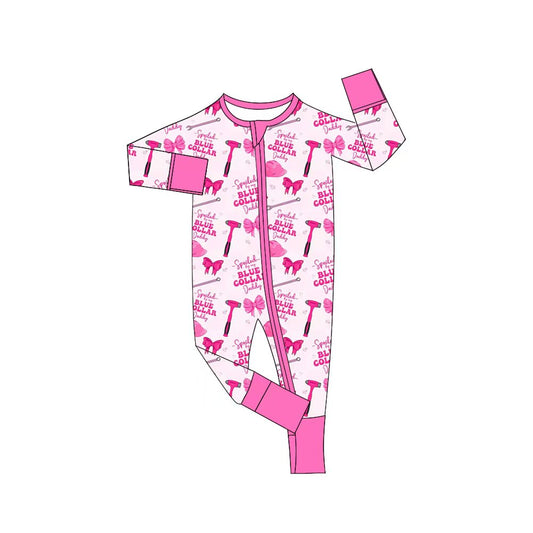 (Custom Design Preorder MOQ 5) BLUE COLLAR Pink Bows Print Baby Girls Sleeper Zipper Romper