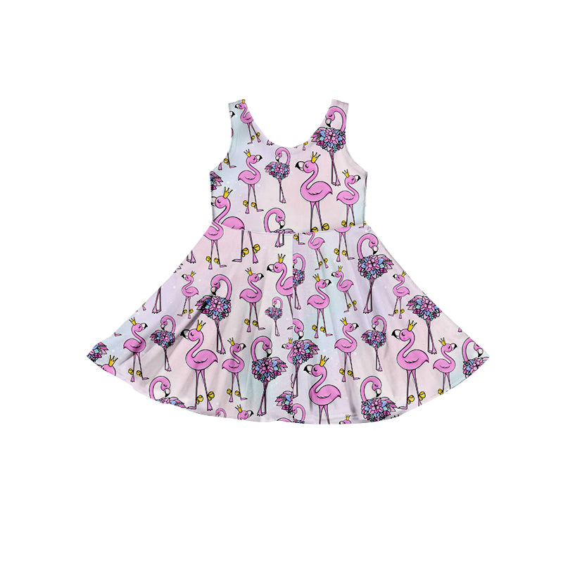 (Custom Design MOQ 5) Pink Flamingo Print Girls Knee Length Dress