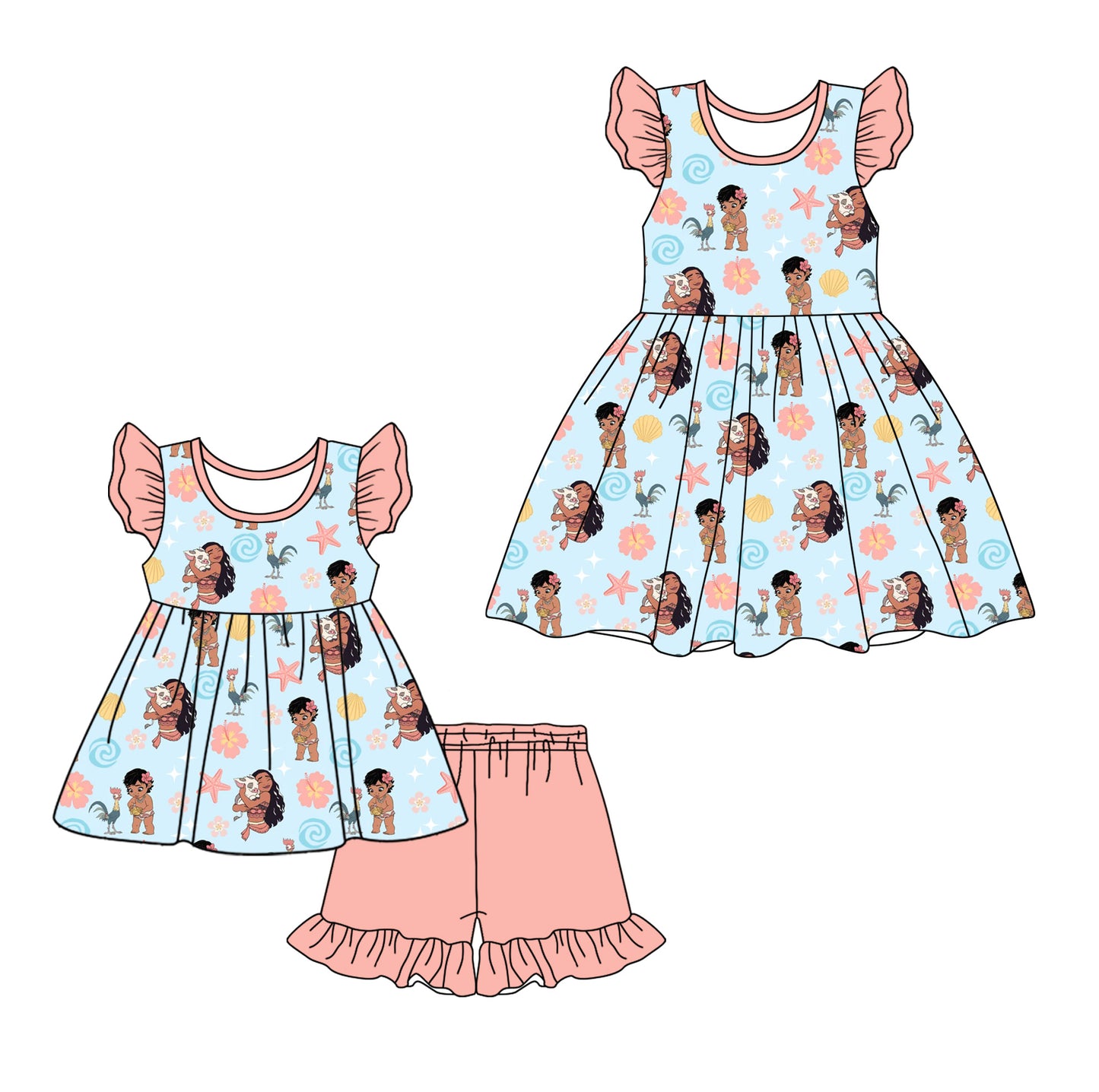 12.11(Custom Design Preorder MOQ 5 Each Design) Cartoon Princess Moan* Pink Print Girls Summer Matching Clothes Sisters Wear